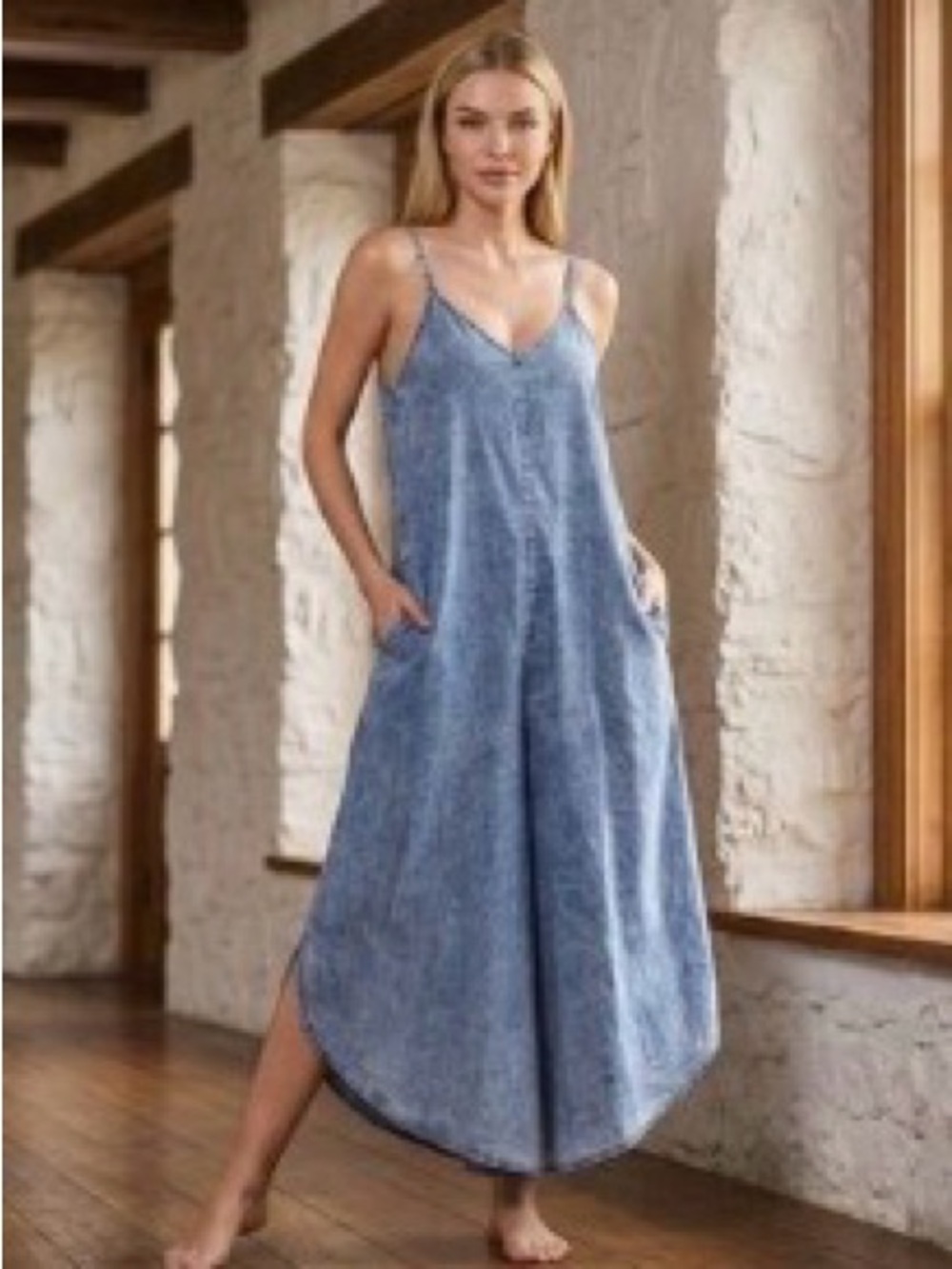 ZENANA Blue Acid Wash Jumpsuit DPW-1651Y Brand New - Size Small